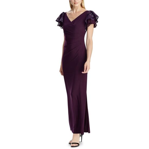 Ralph Lauren Purple sequin Flutter Sleeve Mock Wrap Glam Maxi formal Dress 10 - Picture 1 of 15